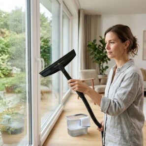 Stírání okna odsávanou stěrkou